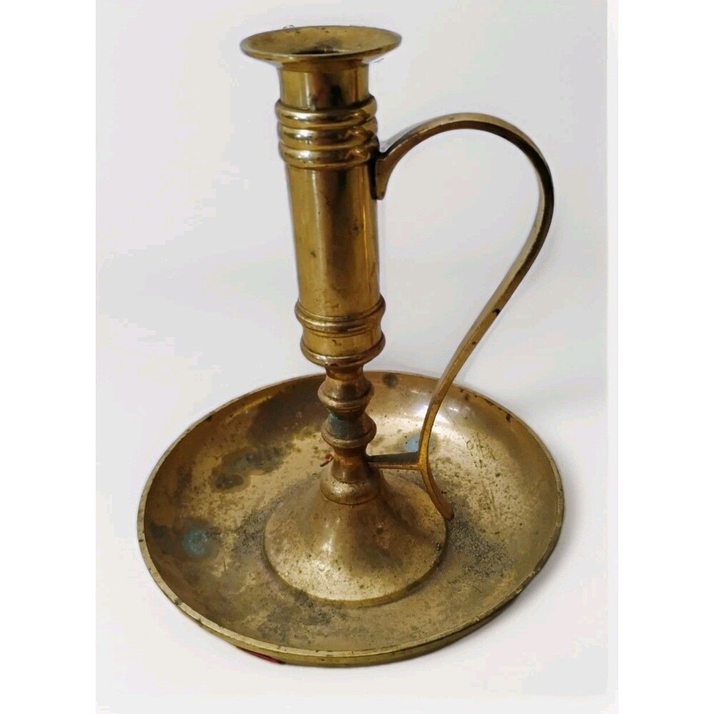 Vintage Dessau Brass Chamber Candlestick Holder Finger Loop Tray Dish Patina